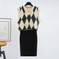 Diamond Check V-Neck Knitted Vest Women's Sweater Autumn and Winter Korean Loose Wild Sweater Vest Sleeveless Sweater