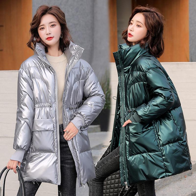 Women's Winter Coats Fashion Glossy Stand Collar Parkas Waterproof Shiny Winter Jacket Women Drawstring Padded Cotton Coat Outwear