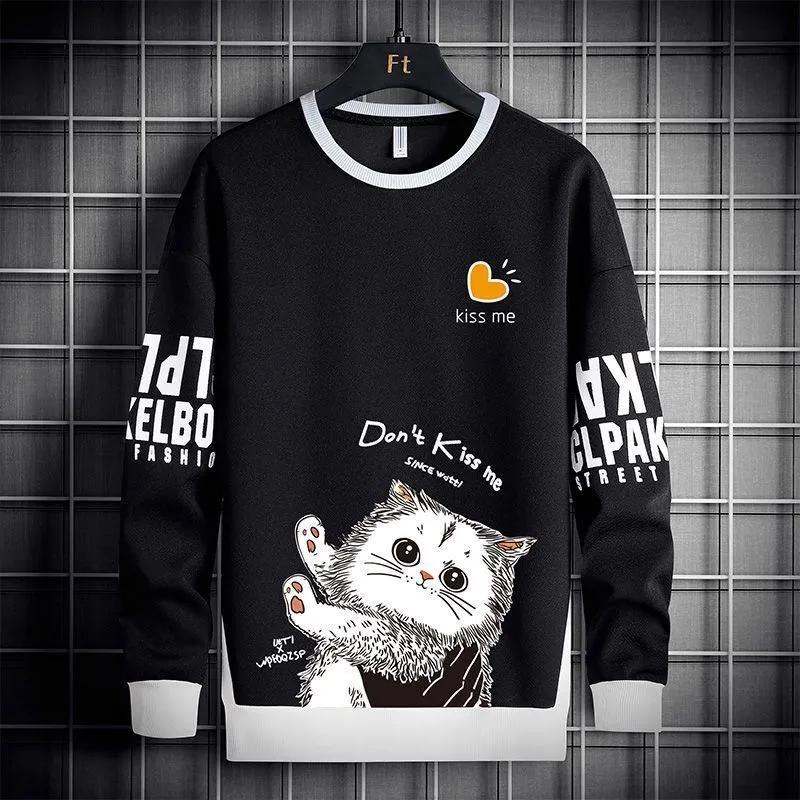 Spring and Autumn Men's Round Neck Sweater Youth Bottoming Shirt Middle School Student Shirt Cartoon Printing Trend Long-sleeved T-shirt Men