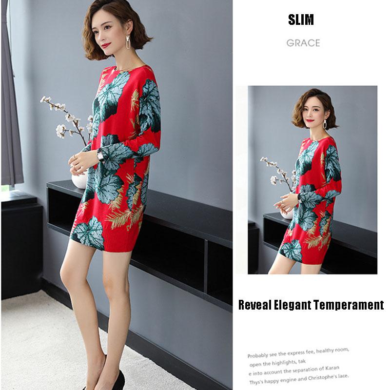 Floral Print  Knit Dress Women Long Sweaters Casual Long Sleeve Loose Pullover Soft Jumper Autumn Winter Knitted Sweaters Dress