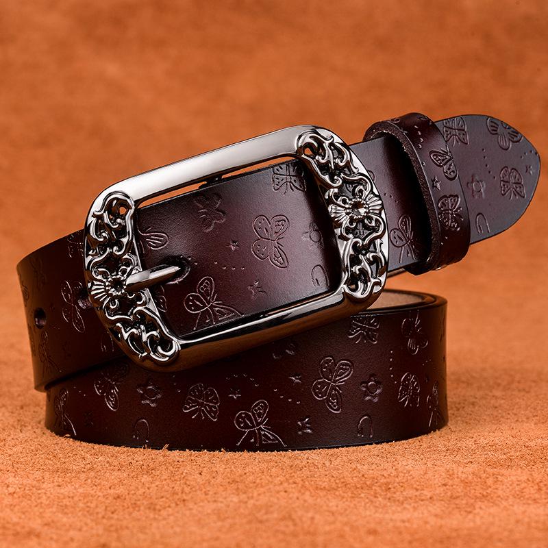 Belt New Retro Cowhide Leather Belt Women Fashion Embossing Pin Buckle Casual Jeans Wide