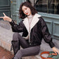 Women's Leather Winter Clothing Korean Style Short Loose Leather Jacket Lamb Hair Plus Velvet Thick Motorcycle Leather Jacket