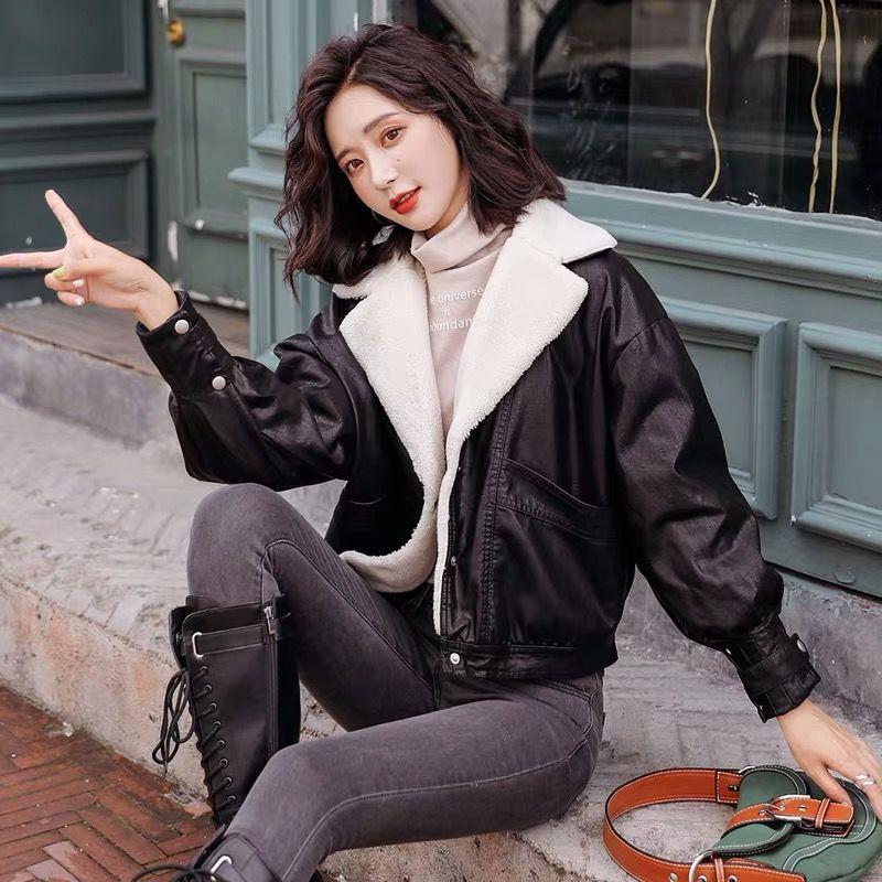 Women's Leather Winter Clothing Korean Style Short Loose Leather Jacket Lamb Hair Plus Velvet Thick Motorcycle Leather Jacket