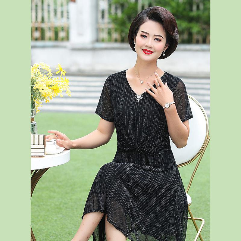 XL-XXXXXL Women's Summer Dress Middle-aged Mother Chiffon Veil Short Sleeve V-Neck Printing Mid-length Daily Wear