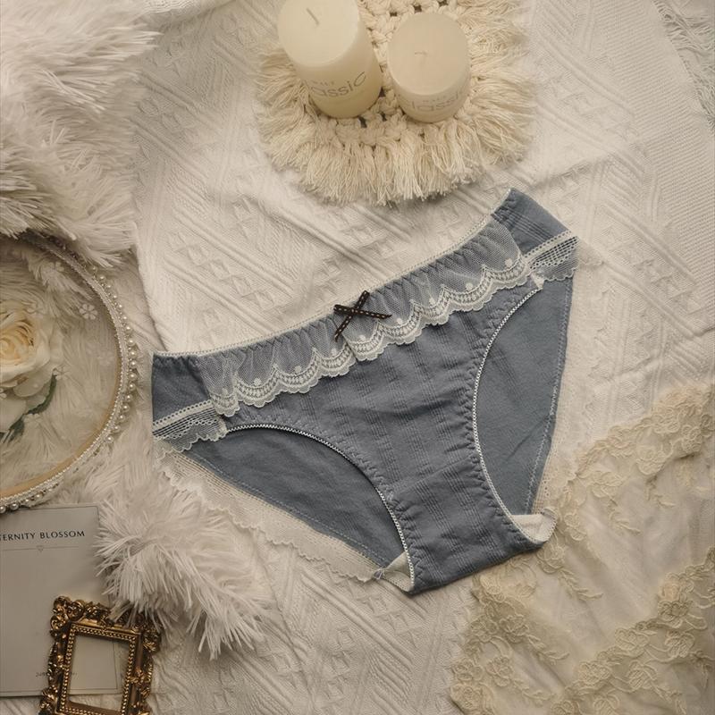 Princess Style Ladies Panties Embroidered Lace Trim Contrast Color Bow Cotton Briefs Women