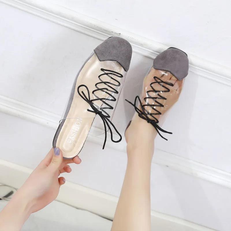 Transparent Half Slippers Women Spring and Summer Square Head Lace Slippers Fashion Flat Slippers Women