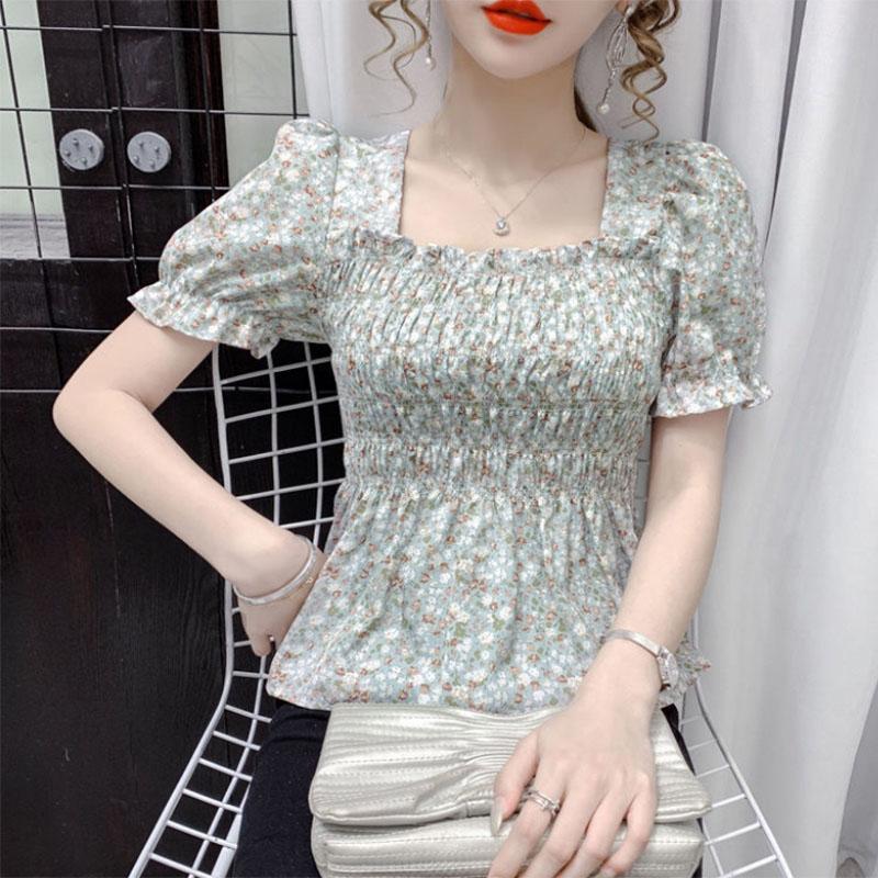 French Design Ladies Top Square Neck Fungus Edge Small Floral Chiffon Pullover Short Sleeves