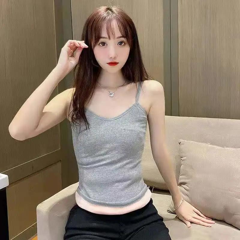 Winter Camisole Crop Top Women Plus Velvet Bralette Spaghetti Strap Corset Tank Top Winter Warm Thermal Vest Innerwear Bralets Yk2 Cami Black