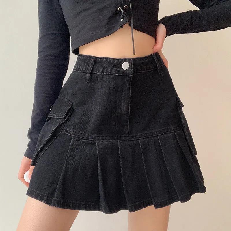 High Waist Versatile Ultra Short A-Line Skirt Spring Retro Denim Pleated Skirt
