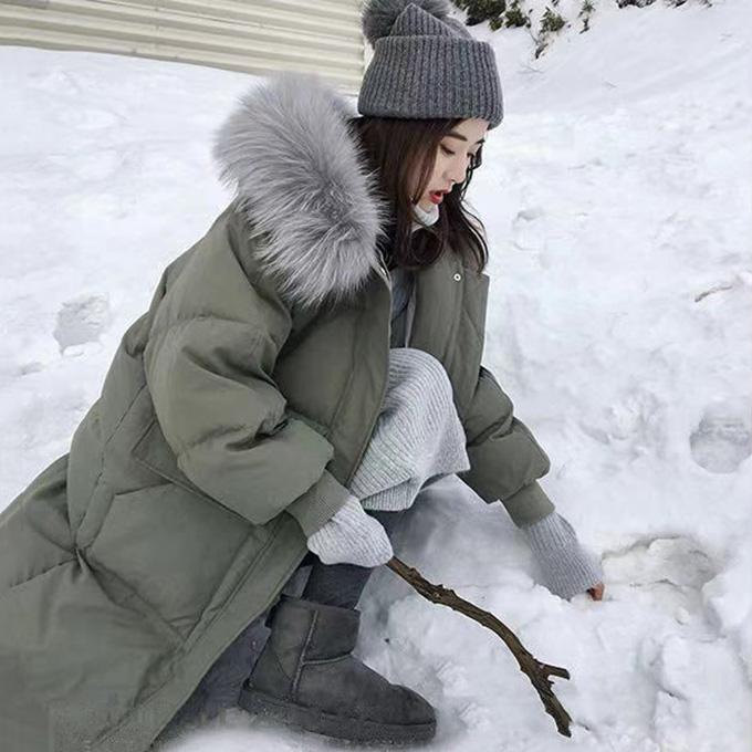 Winter Fluffy Big Fur Collar Hooded Down Jacket Women Mid-length Slim Over The Knee Thick Hooded Winter Warm Plus Fleece Jacket