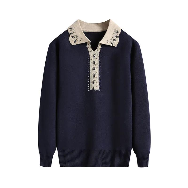 Women's Solid Color Fashion Lapel Pullover Sweater Diamond Print Loose Plus Size Long Sleeve Sweater