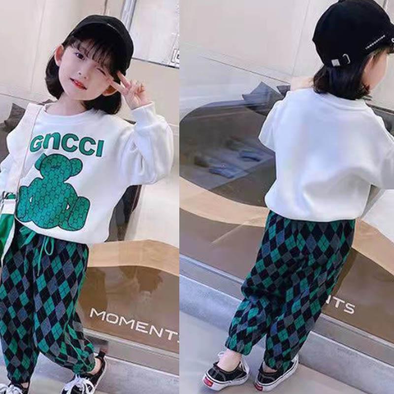 Girls Spring and Autumn Suits Long-sleeved Headband Contrast Printing Casual Suit Baby Plaid Sports Loose and Comfortable Two-piece Suit