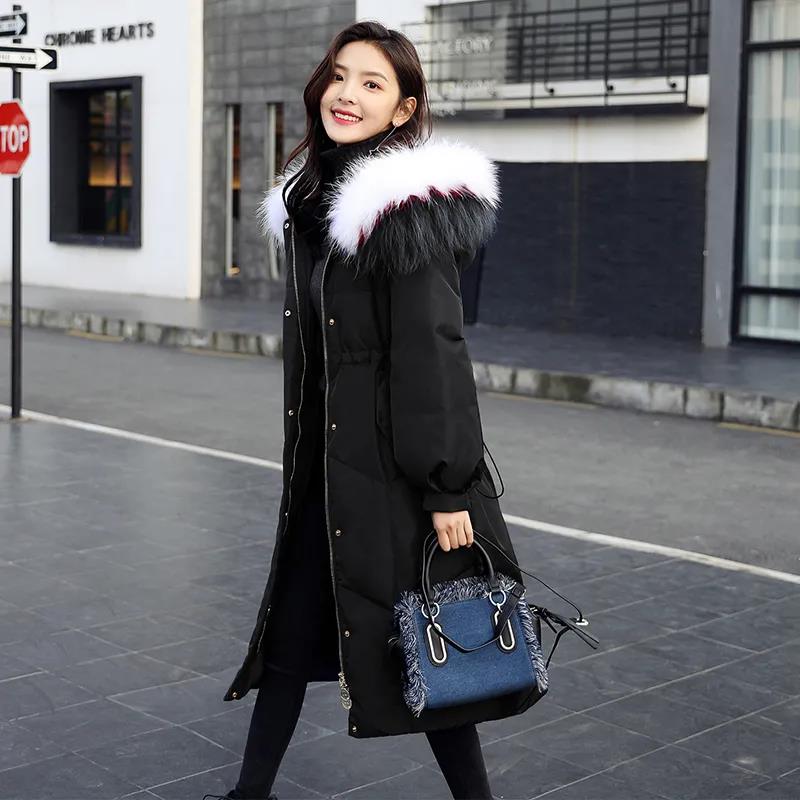 2021 Big Fur Collar Padded Jacket Women's Long Slim Waist Korean Down Padded Jacket Mid-length Thickened Over The Knee