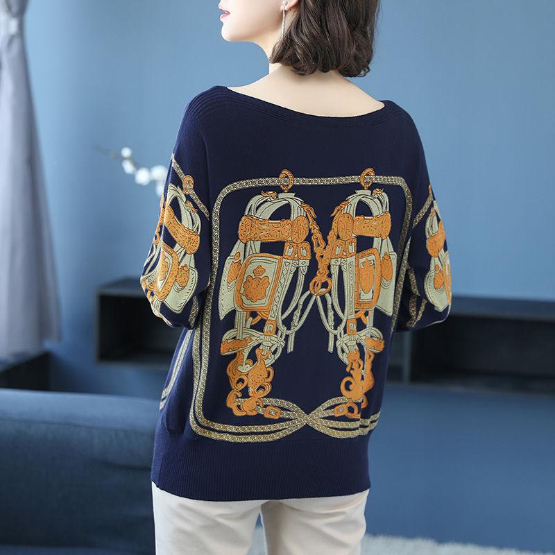 Women's Boat Neck Cashmere Sweater Short Loose Pullover Plus Size Printed Cardigan Ethnic Style Wool Knit Jumper