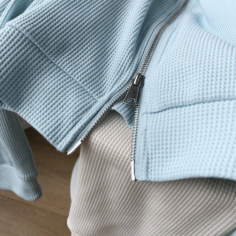 Waffle Short Jacket Women's Autumn Korean Style Loose Design Double Zipper Top Casual Cardigan Ladies Coat