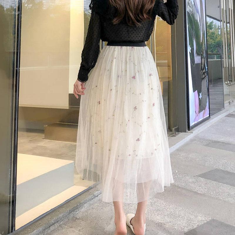 Women Skirts Female Long Skirt Summer Casual A-line Skirts Solid Color Elastic High Waist Skirt Loose Embroidered Skirt