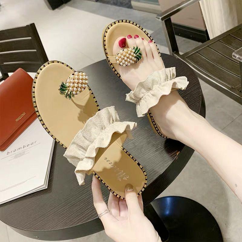 Women Flats Slippers Summer Casual Flip Flops Flowers Pearl Woman Flat Shoes 35-39 Size Comfortable Female Beach Sandals