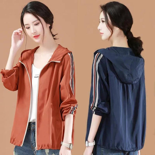Women's Hooded Baseball Jacket Spring Casual Jacket Loose Top Solid Color Zipper Anti-wrinkle Jacket