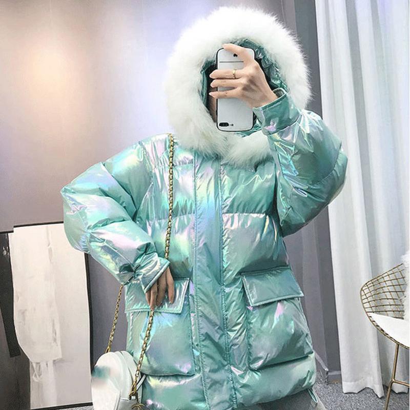 Women's Bright Face Hooded Down Jacket Mid-length Korean Loose Thick Coat Warm Cotton Coat Large Wool Collar Winter Quilted Coat