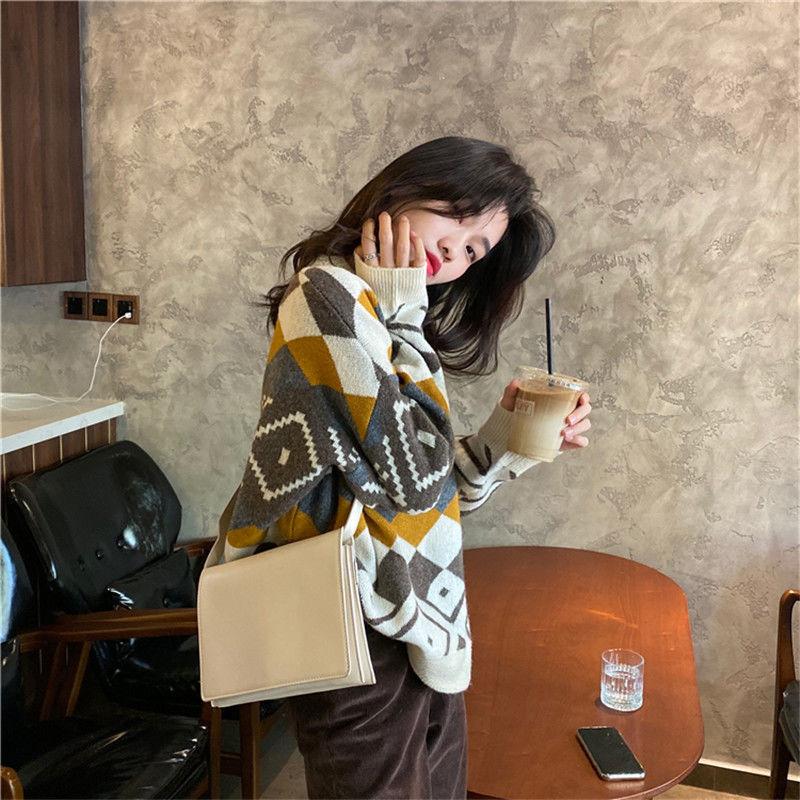 Half High Neck Pullover Sweater Women Fall Winter Casual Fashion Loose Contrast Color  Geometric Pattern Long-sleeved Sweater