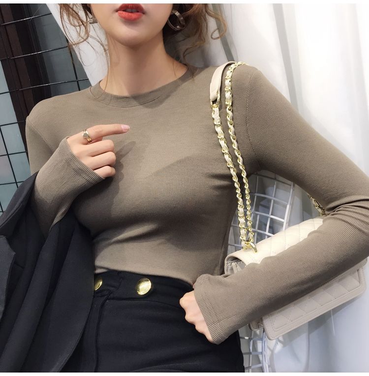 Long Sleeve Cotton T-shirt Women's Spring and Summer Sexy Slim Shirt Short Round Collar Top