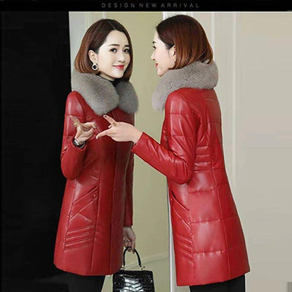 Women's PU Leather Coat  Mid-length Windproof Thick Warm Parka with Detachable Fur Collar Female Overcoat Outerwear Plus Size