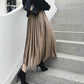Spring Women Long Metallic Silver Pleated Skirt Midi Skirt High Waist Elascity Casual Skirt Vintage