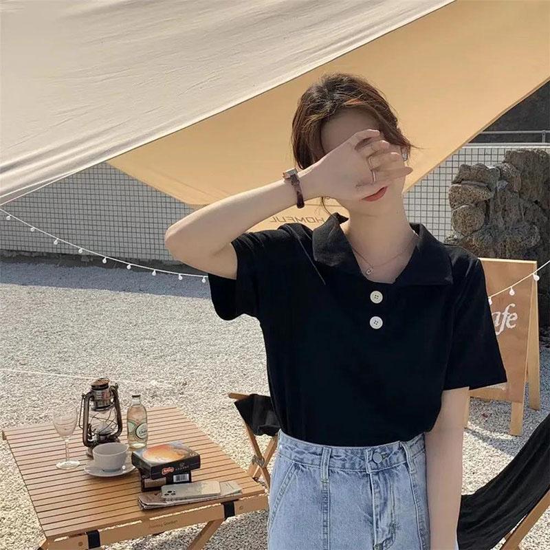 Short Sleeve T-Shirt Women Summer Loose Polo Collar Solid Color Top