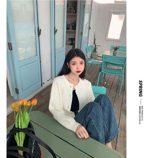 Short Solid Color Button Sweater Loose Striped Pattern Coat Wide Knit Cardigan Women's Top