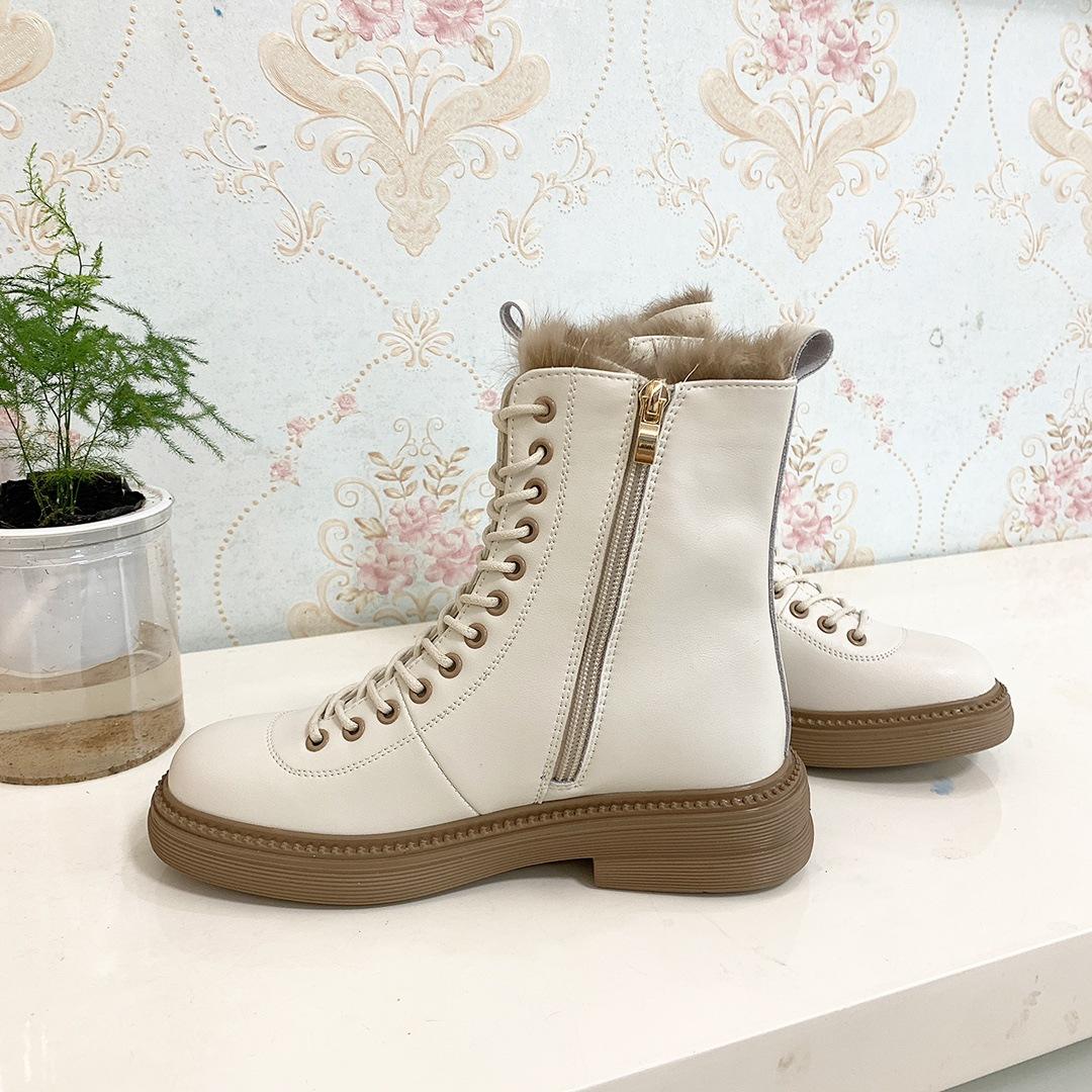 Winter Boots Women Black White Leather Boots Gothic Platform Shoes Fashion Ankle Booties Flat Woman Warm Fur Boots
