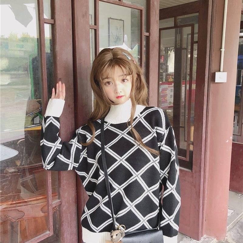 Womens Casual Turtleneck Plaid Knitted Oversize Pullover Sweater Loose Thick Jumper Tops Korean