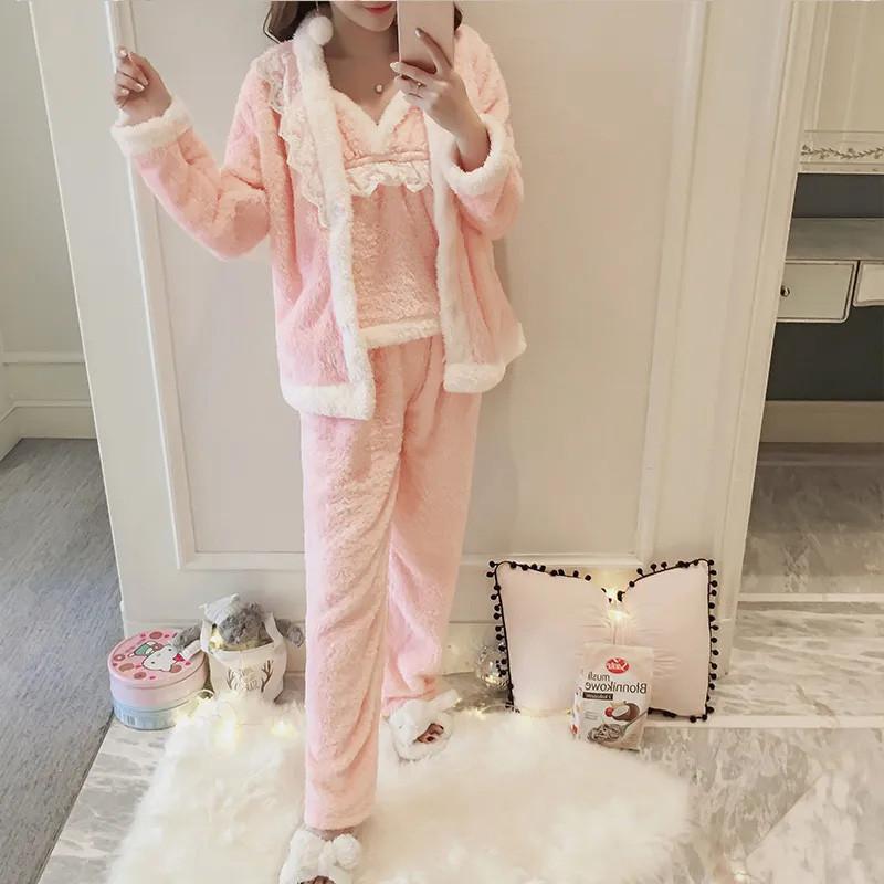 Women's Winter Pajamas Set Thickened Coral Fleece Sweet Cute Sexy Plush Suspenders Top Bottoms Four-piece Set Flannel Homewear Hairband