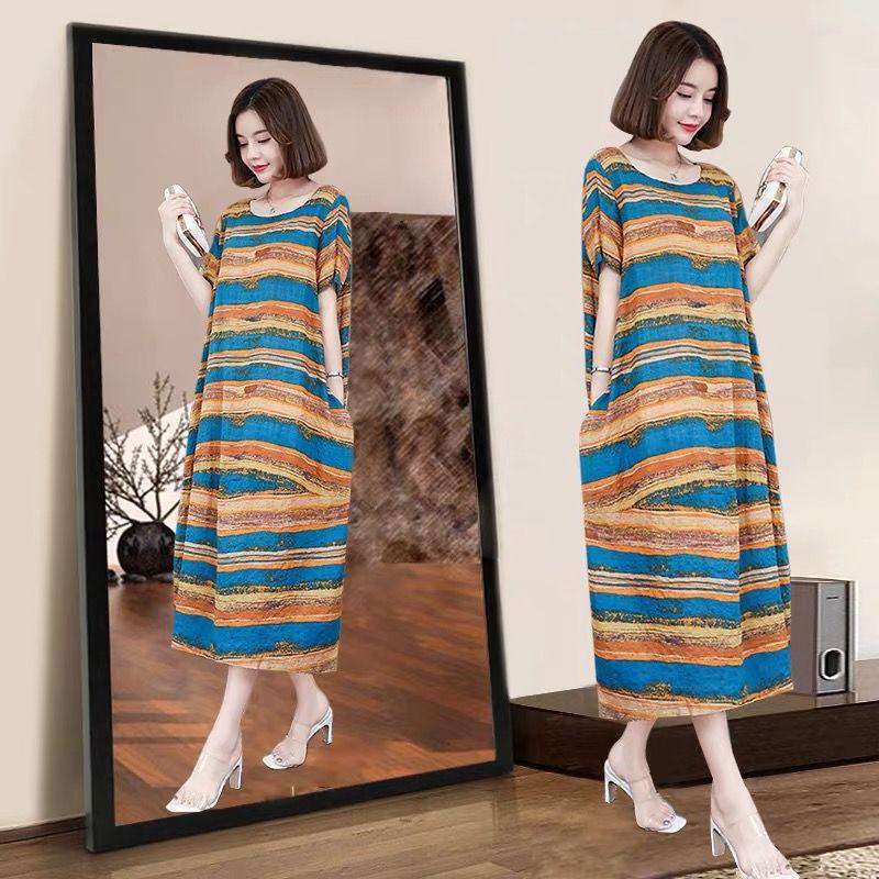 Women's Summer Loose Dress Large Size Young Cover Belly Look Thin Striped Mid-length Skirt Pocket  Loose