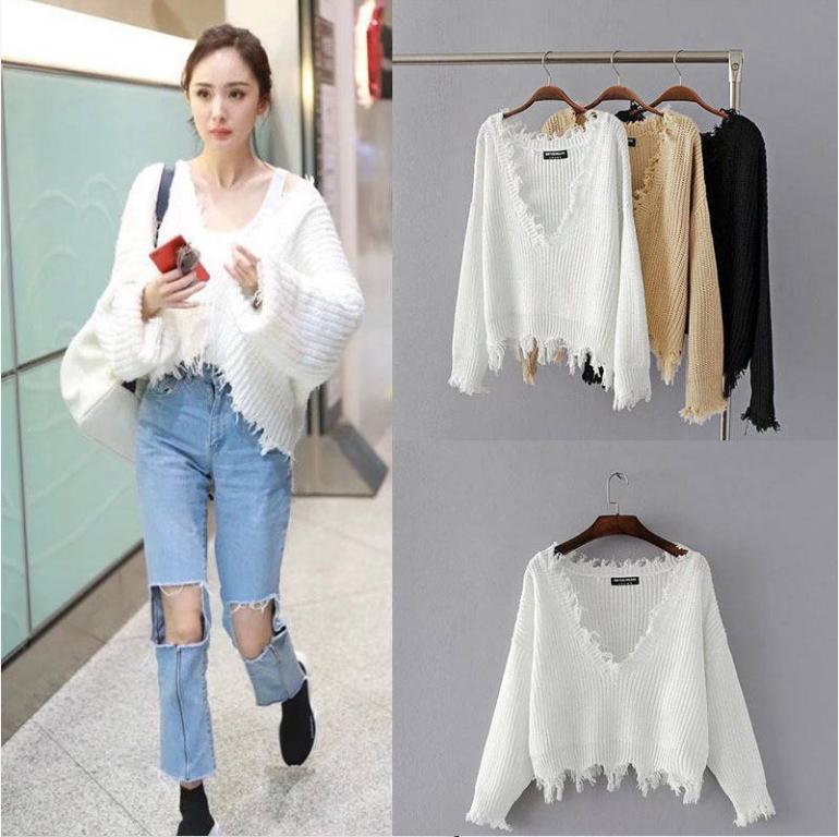 Women Fringed Zigzag Hem V Neck Sweater Drop Shoulder Ripped Pullovers Streetwear Loose Tops