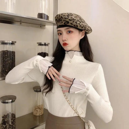 Women's Half Turtleneck Knitwear Design Lace Stitching Fake Two Pieces Long Sleeve Knitwear Fashion Slim Fit Pullover Sweater
