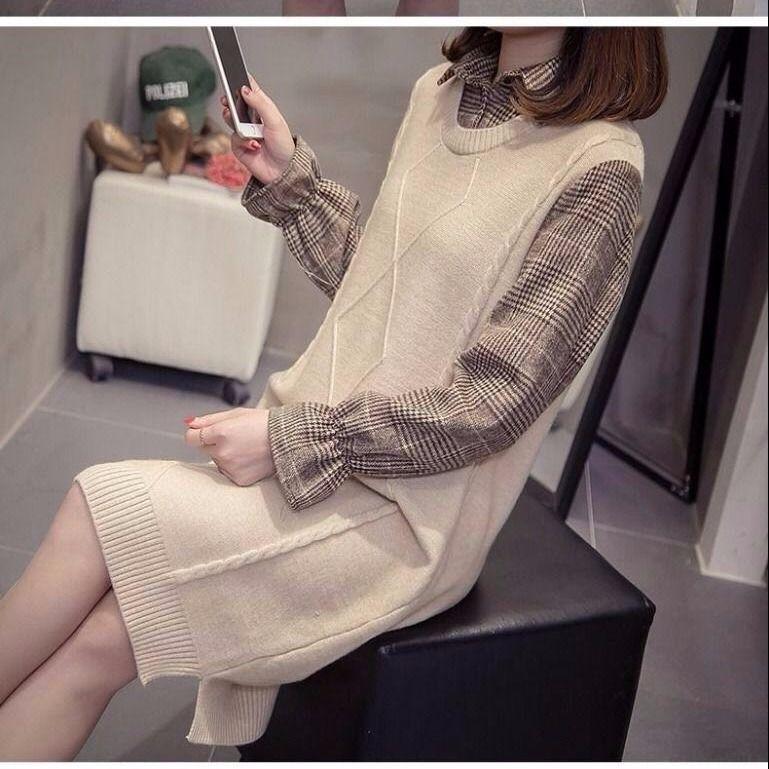 Autumn and Winter Mid-length Loose Sleeveless Sweater Pullover Fake Two-piece Knitted Skirt Bottoming Shirt
