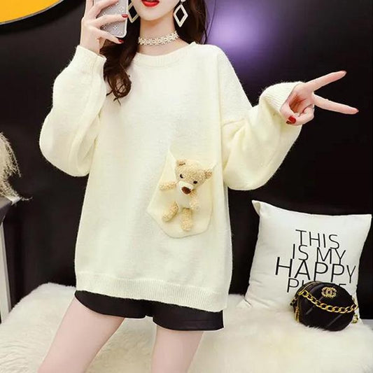 Cute Style Design Sense Bear Sweater Women's Pullover Loose Knitwear Tide Autumn Long-sleeved Pocket Blouse