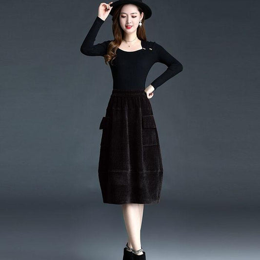 Autumn Winter Skirt Women Flower Bud Skirt Plus Size Corduroy Mid-length Skirt with Pockets