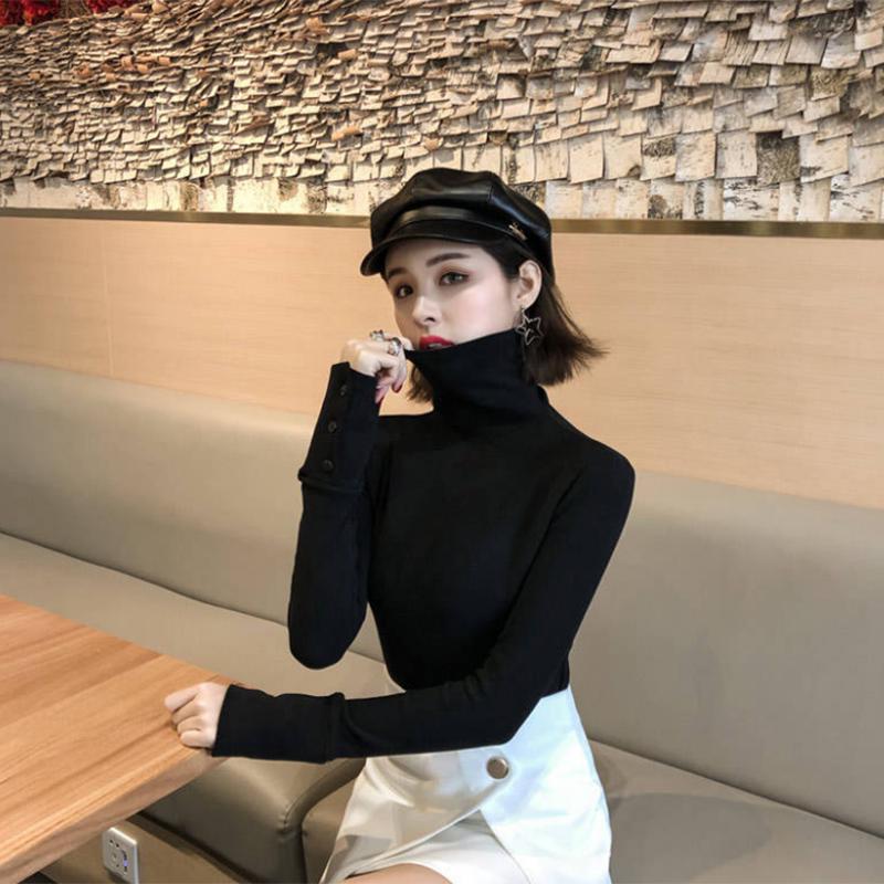 Pofulove Shirt Stacked Collar Black Long Sleeve Thicken Pullover Sweater Turtleneck Bottoming