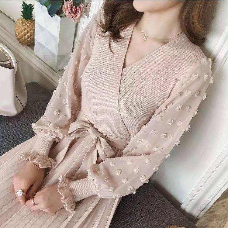 Pofulove 4 Colors Women Winter Sweater Dress Long V-neck Flower Chiffon Cuffs Knitted Pullover Skirt