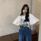 Short Sleeve T-Shirt Women Summer Print Round Neck Puff Sleeve Top