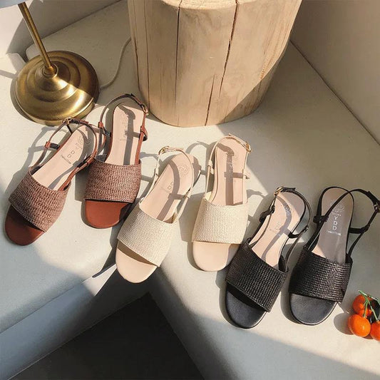 Flat Sandals Women's Summer Korean Fashion Straw Braided Buckle Open Toe Sandals All-match Student Sandals