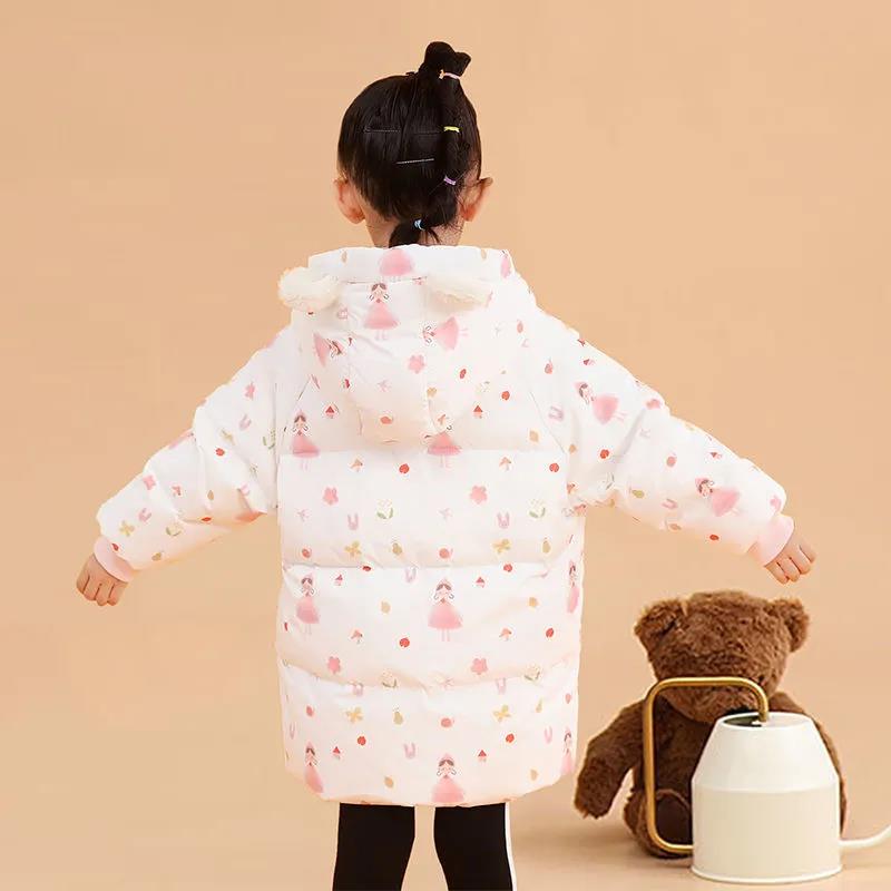 White Duck Down Children's Down Jacket Girls Mid-length Coat Baby Middle and Small Children Winter Thick Hooded Printed Cotton Jackets
