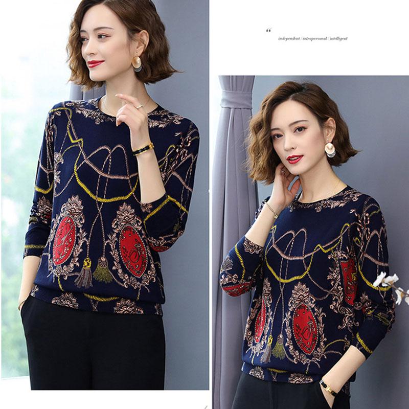 Women Printed Sweater Long Sleeve O-Neck Knitted Pullover Sweater Fashion Loose Jumper Tops Plus Size Knitwear Outwear