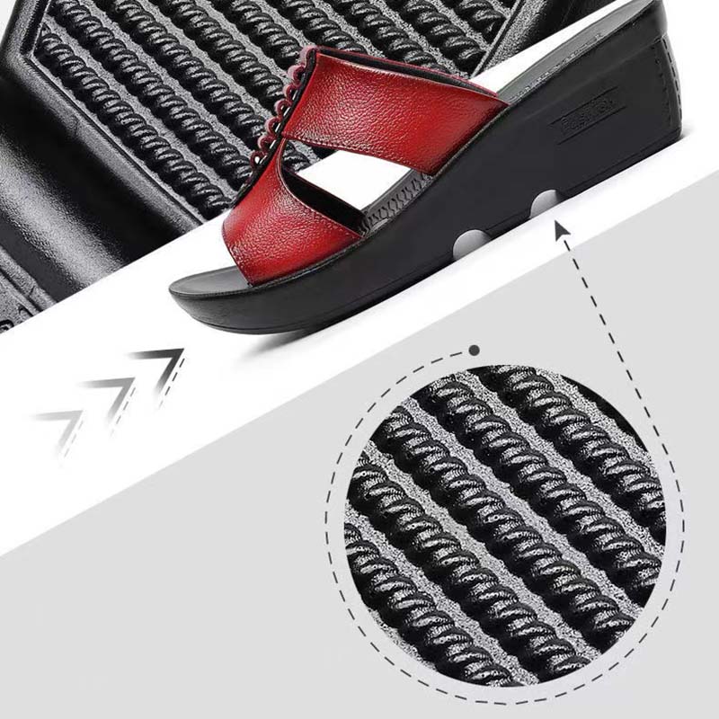 [Top Layer Cowhide] Mother Sandals Slippers Women's Leather Summer Sandals Soft Bottom Middle Heel Non-slip Wear-resistant Slippers Simple All Match