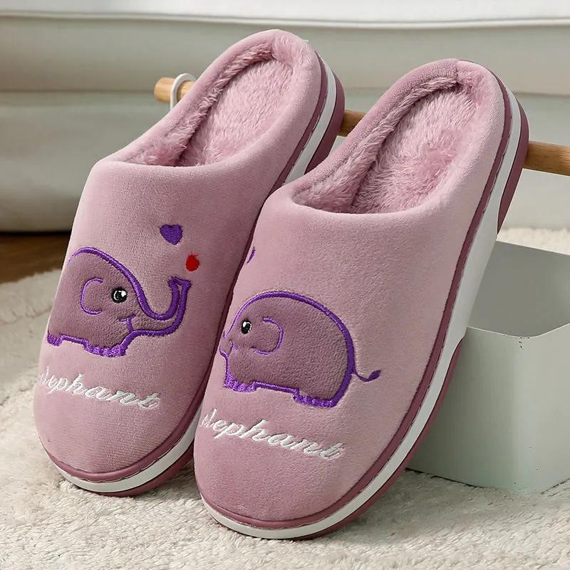 Women Winter Slippers Cute Elephant Embroidery Plus Size Cotton Shoes Men Home Indoor Casual Slippers Blue Pink Slippers Thick Fleece Warm Non Slip