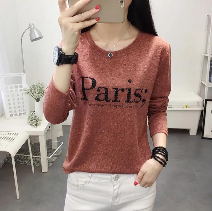 Women Slim T-shirts Paris Print Shirts Casual Pullover Spring Long Sleeves  Bottoming Shirts