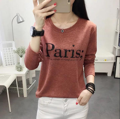 Women Slim T-shirts Paris Print Shirts Casual Pullover Spring Long Sleeves  Bottoming Shirts