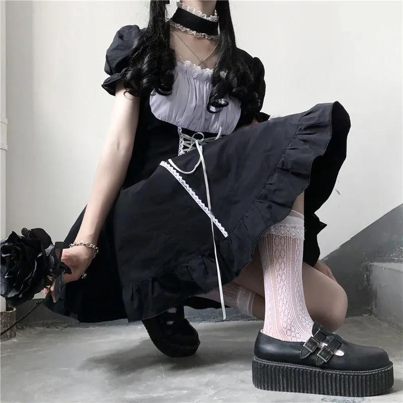 Lolita Style Puff Sleeve Bandage Sweet Sailor Collar Lace Dress Kawaii Ruffles Girl Cosplay Japanese Dress