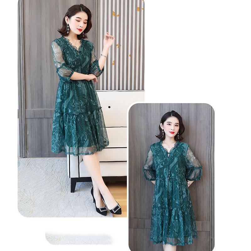 Dress Female Summer Five-point Sleeves Loose Mesh A-line Skirt Light Mature Style Foreign Style Large Size Skirt Summer